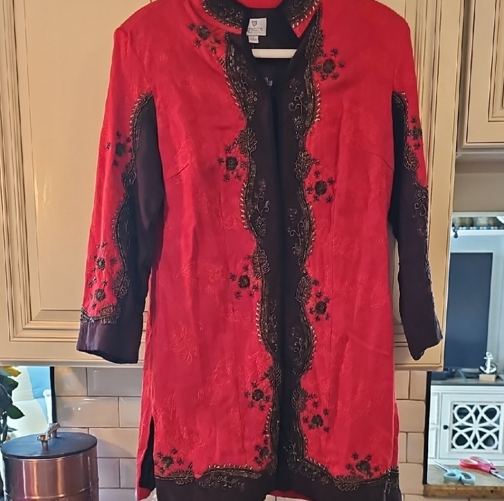 Chico's Vibrant Red and Black Embroidered Jacket